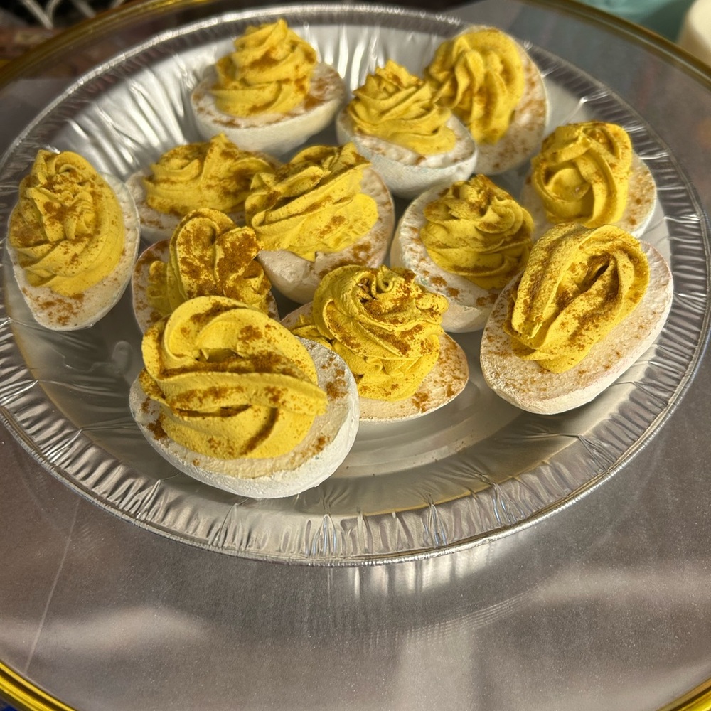 Faux Yellow Deviled Eggs on Silver Plate